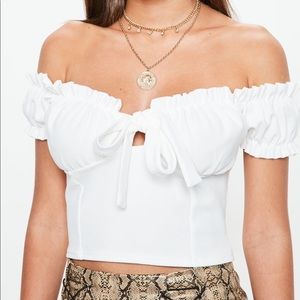 White Bardot Crop Top with Front Tie